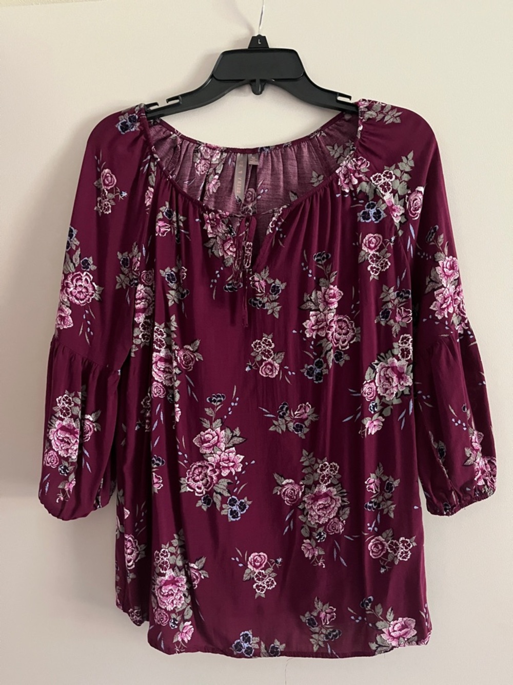 Brina & Em Women's Burgundy Floral Peasant Top